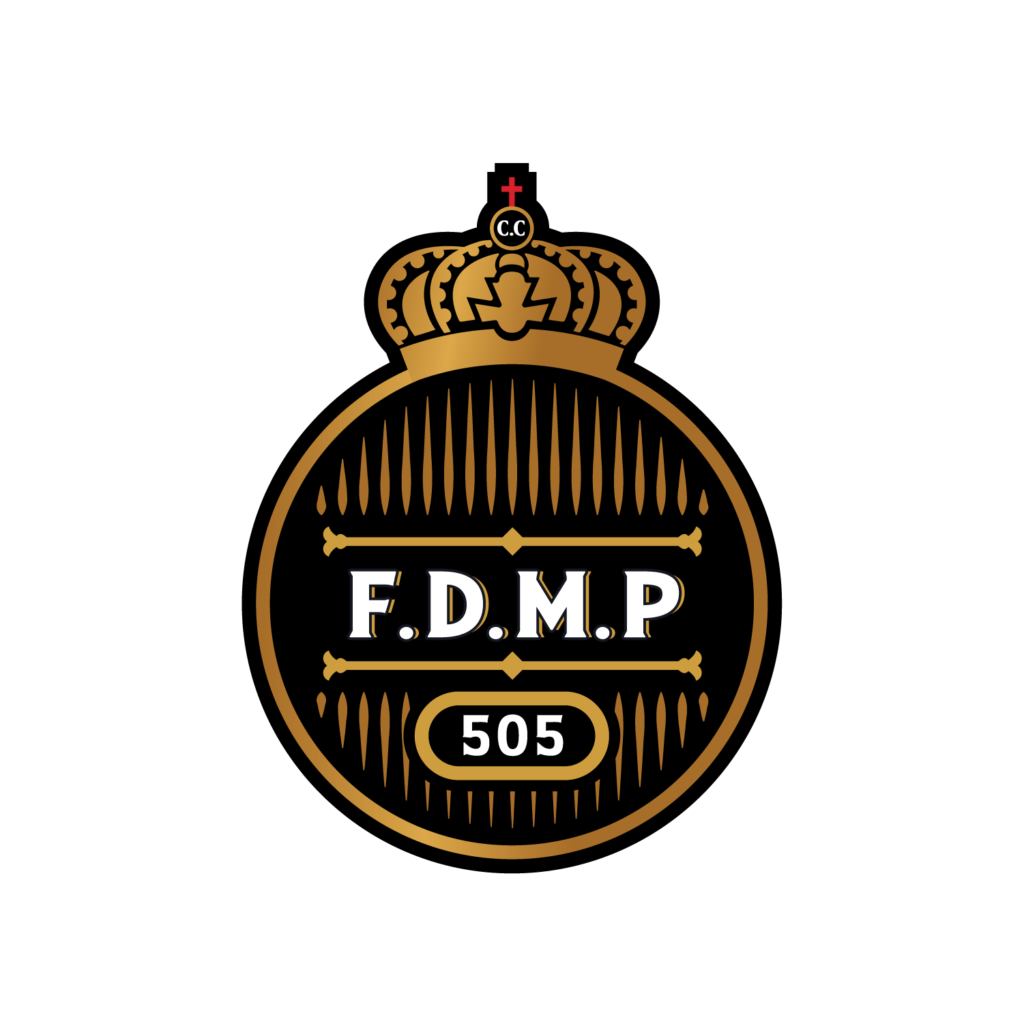 Logo with crown, F.D.M.P text, and number 505 in gold and black.