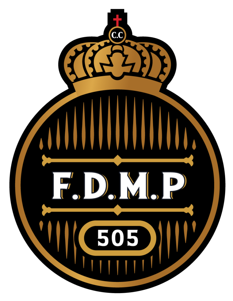 Emblem with crown and letters F.D.M.P 505 in gold and black.